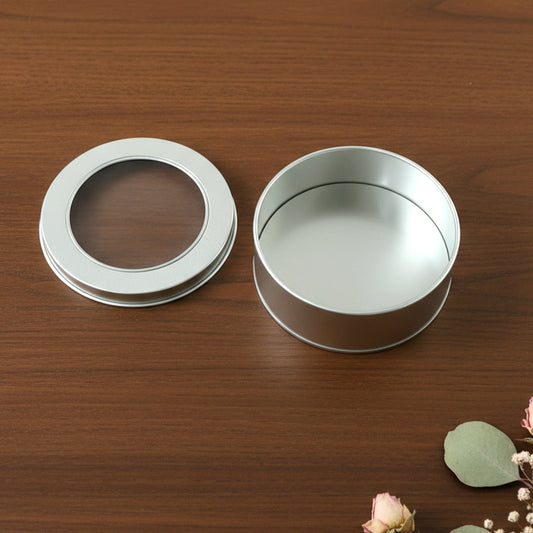 Round Metal Storage Tin Box with Transparent Window Lid (1 Pc, 9.5 x 9.5 Cm)