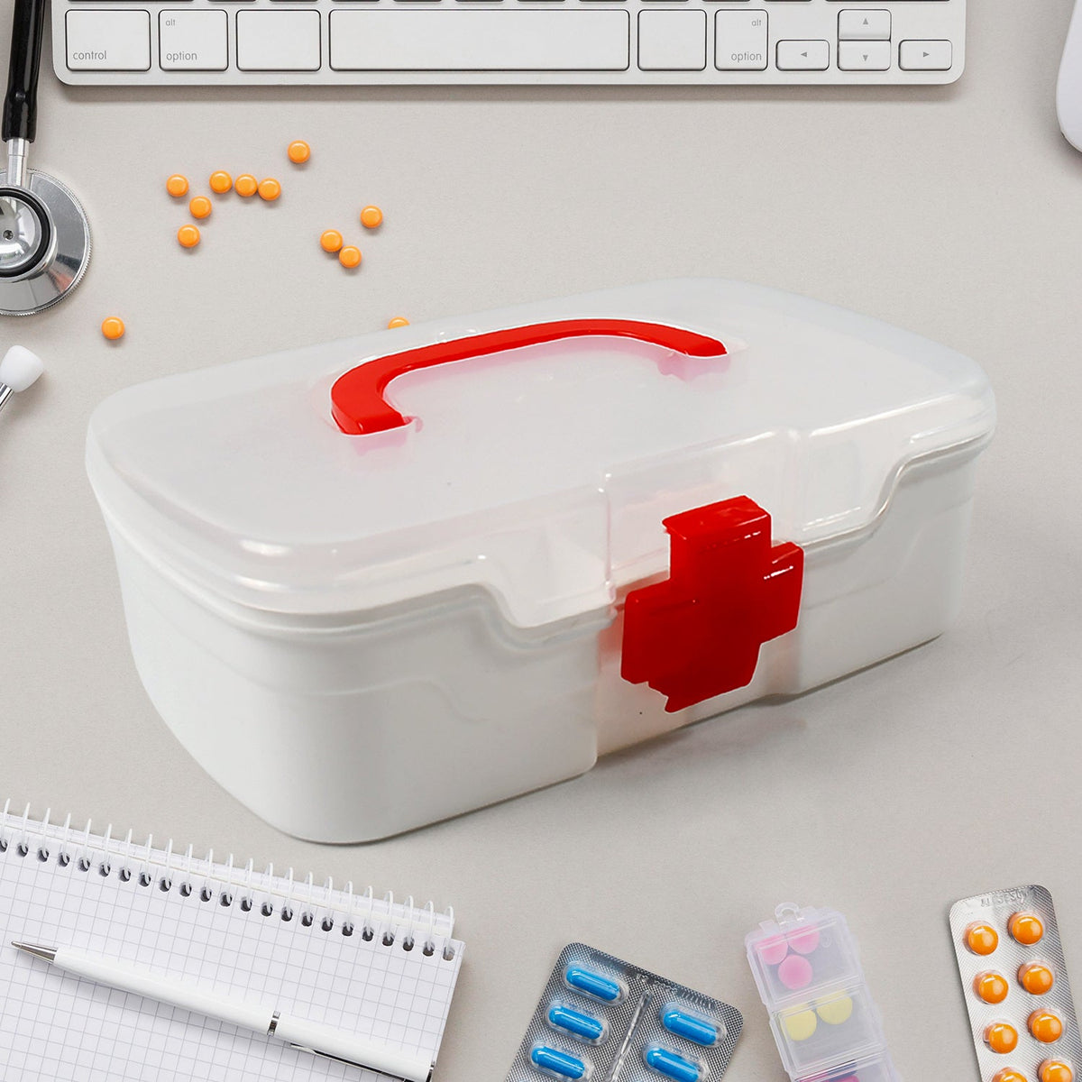 3-Compartment First Aid Box – Portable Medicine Storage with Tray & Clear Lid