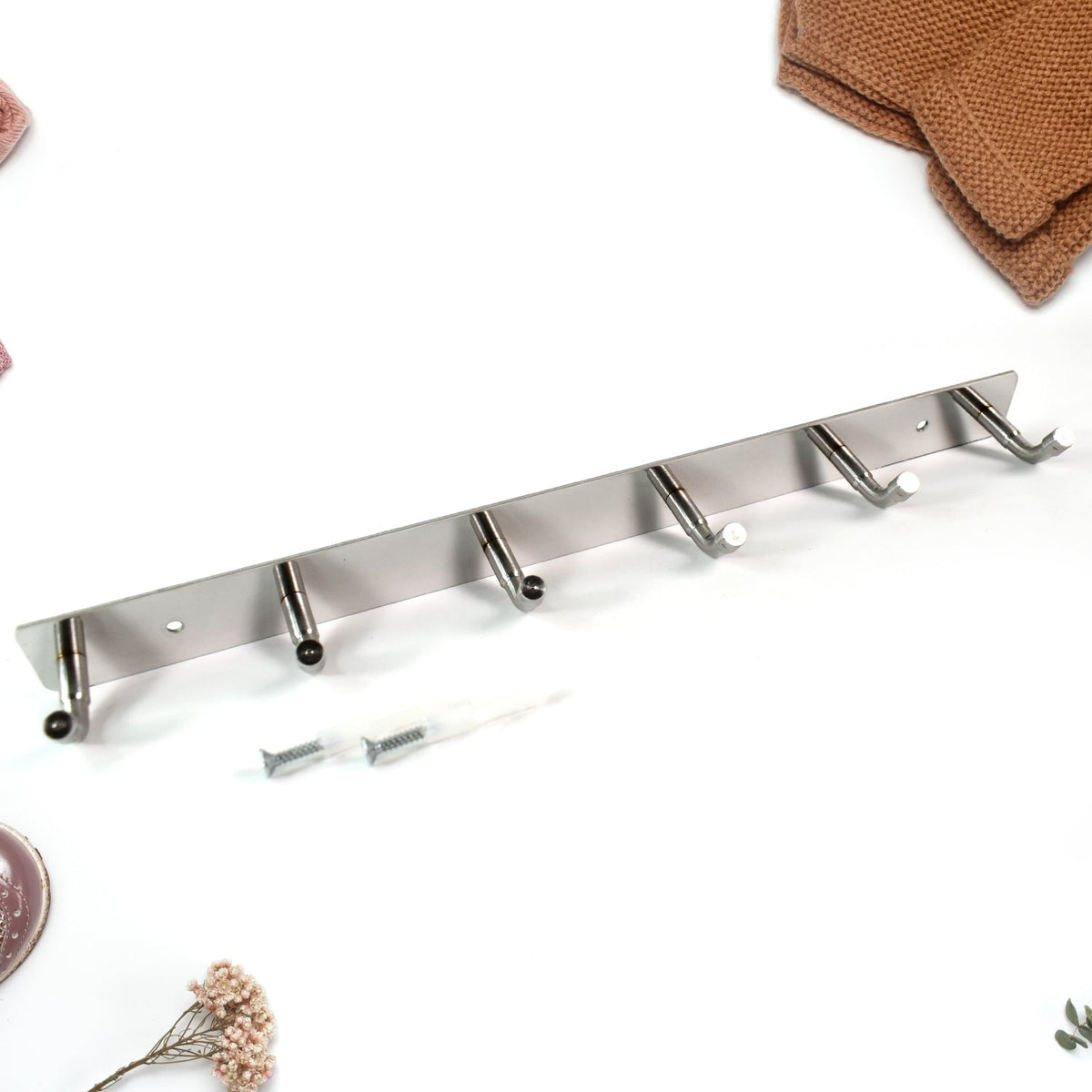 Stainless Steel Wall Mounted Coat 6 Hook Rack (32x3 / 1Pc)