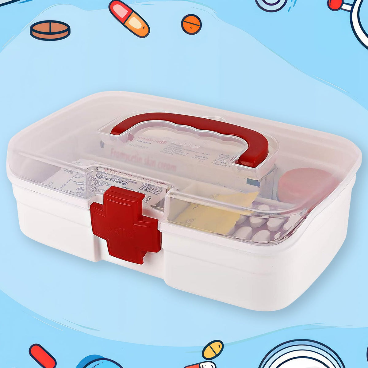 3-Compartment First Aid Box – Portable Medicine Storage with Tray & Clear Lid