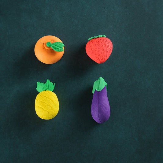 Mini Cute Veg & Fruit Erasers – 3D Colorful Eraser Set for Kids (4 Pc)