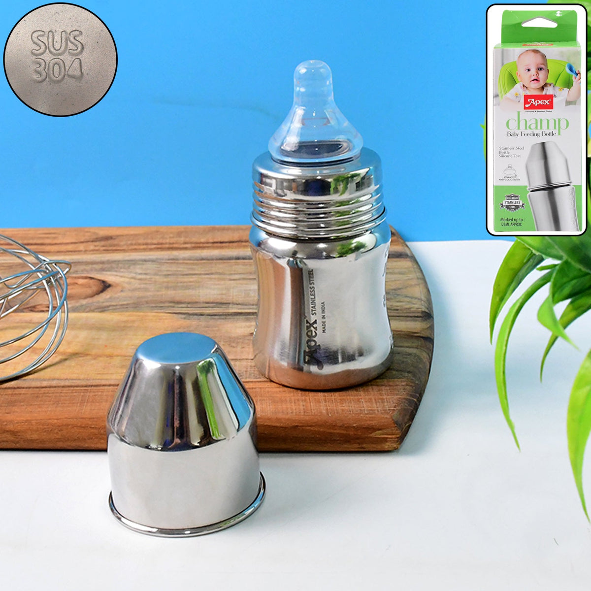 Apex Premium Stainless Steel Baby Feeding Bottle (125 ML / 1 Pc)