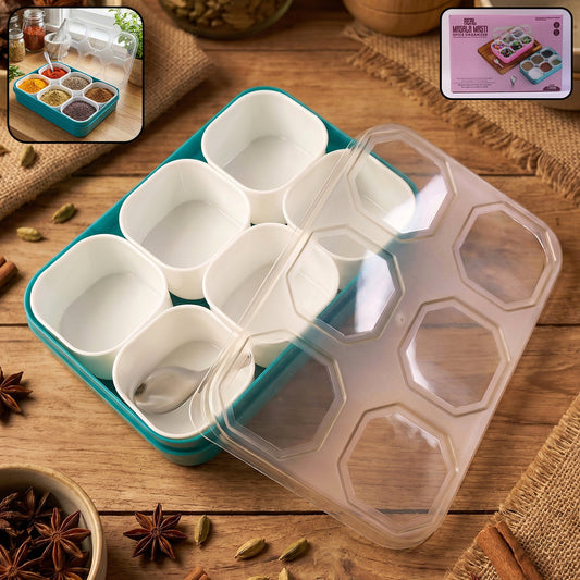 plastic masala masti box with 6 compartments for spice storage