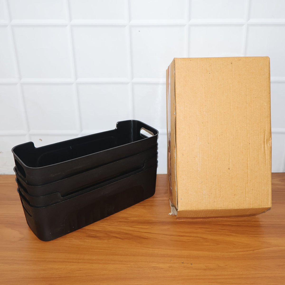 Black Plastic Storage Basket Tray Set (4 Pcs)
